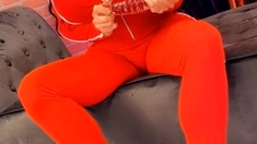 Ava Devine solo in red sweatpants
